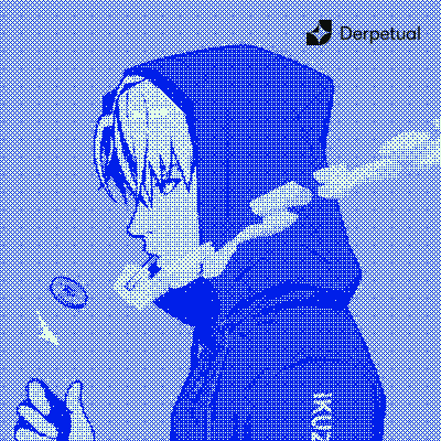 The image features a stylized pixelated blue artwork of a hooded figure, with the "Derpetual" logo and text visible in the top right corner and along the side. The artwork's cool blue tones and mysterious hooded character convey an air of anticipation and intrigue, aligning with the post's excitement about catching an early opportunity with Derpetual.