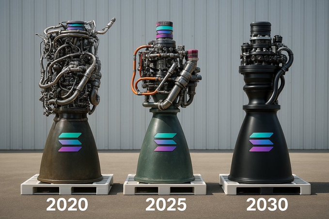The image shows three rocket engines, each with a different color scheme (black, green, and purple). They are arranged from left to right against a gray background. The caption "solana" is written below the image, which seems to be related to the rocket engines or their colors.