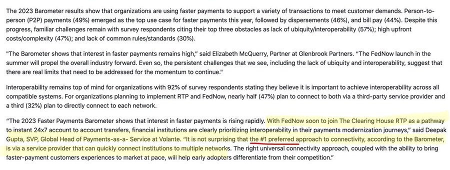 **Caption:** A highlighted passage from the 2023 Faster Payments Barometer report emphasizing that interest in faster payments is rising rapidly as FedNow prepares to join The Clearing House RTP, with the #1 preferred approach being connectivity via a service provider that can link institutions to multiple networks.

**Relevance to the post:** The image supports the claim about Volante's role in FedNow integration by showing that financial institutions prioritize service-provider-based connectivity (per Deepak Gupta, SVP of Global Payments-as-a-Service at Volante) — the very model that enables third parties like Volante to bridge XRP and other faster-payment rails into FedNow.