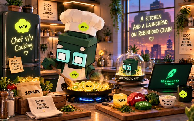 A 3D-rendered scene of a green blocky robot character wearing a chef's hat cooking in a kitchen, with various labels including "Chef v/v Cooking", "$PARK", "A KITCHEN AND A LAUNCHPAD ON ROBINHOOD CHAIN", "VIBE VIBERS NFT", "RWA", "Infra", "Utility", and "Memetic Vibes".