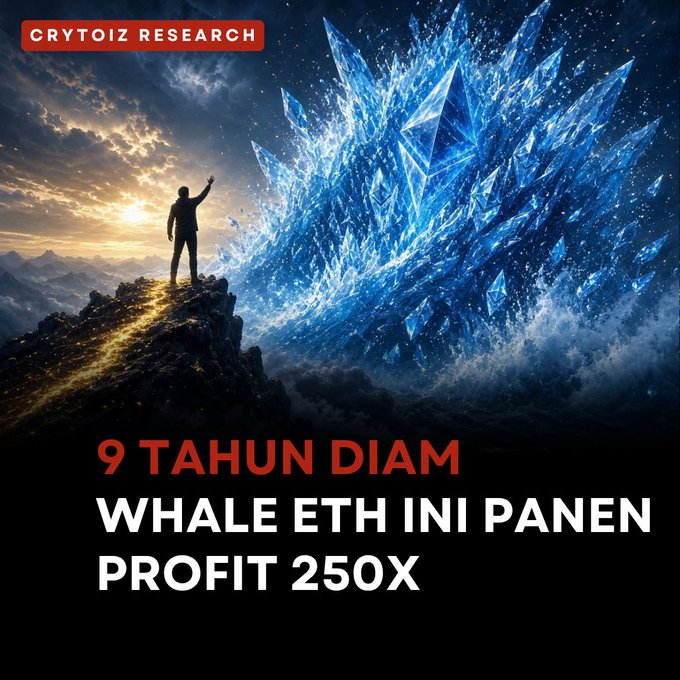 Cryptoiz Research graphic: '9 TAHUN DIAM WHALE ETH INI PANEN PROFIT 250X' featuring a silhouette facing a large blue crystal.