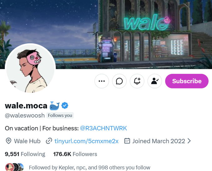 A Twitter profile for 'wale.moca' (@waleswoosh) shows 176.6K followers, a description reading 'On vacation | For business: @R3ACHNTWRK', and a banner featuring an illustrated storefront labeled 'wale'.