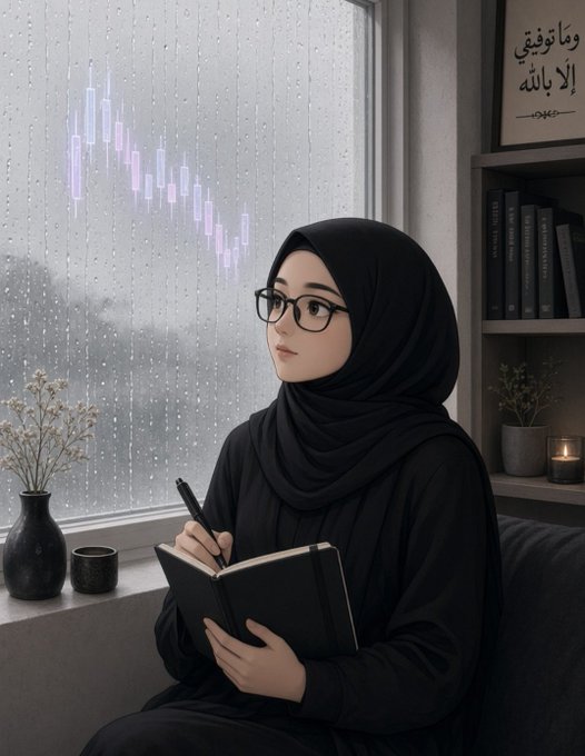 An anime-style illustration of a young woman wearing a black hijab and glasses, writing in a notebook by a window overlooking a rainy city, with Arabic calligraphy reading 'مَا أَوْدَعَنِي إِلَايَارِبُهُ' on the wall.