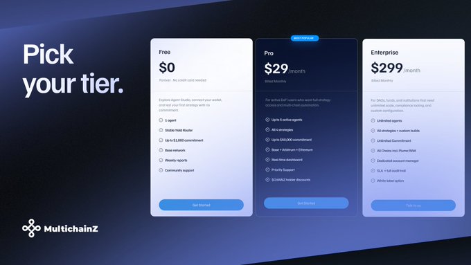 A pricing tier comparison page for MultichainZ showing Free ($0), Pro ($29/month), and Enterprise ($299/month) plans with their respective features.