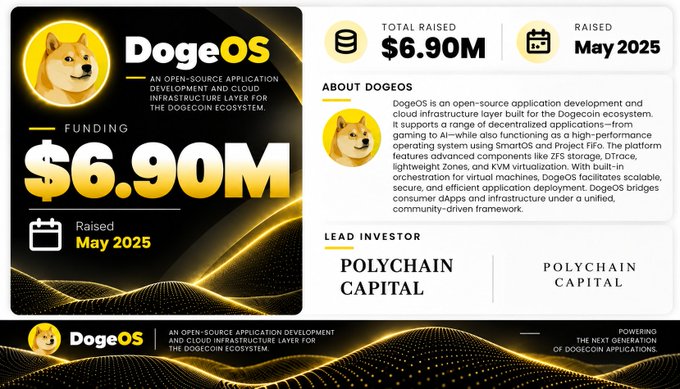 A promotional graphic for 'DogeOS' shows a Shiba Inu logo and states that the company raised '$6.90M' in 'May 2025' with 'POLYCHAIN CAPITAL' listed as the lead investor.
