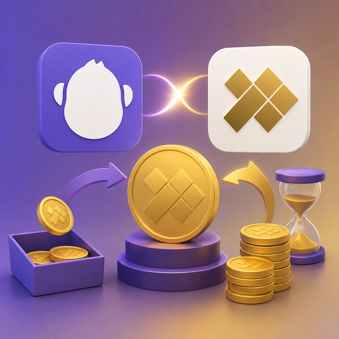 A 3D-rendered image showing the GoldFish and ApeBond logos connected by a glowing link at the top, with gold $GGBR coins, a treasure chest, and an hourglass below symbolizing vesting and accumulation over time.

The image visually reinforces the post by depicting the partnership between GoldFish (@goldfishggbr) and ApeBond, with the coins and hourglass illustrating the discounted, time-locked $GGBR accumulation options available to long-term holders.