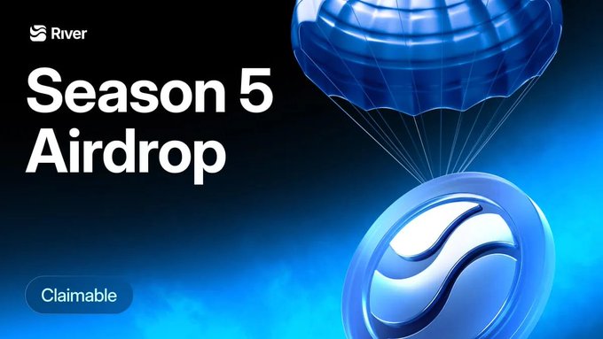 Promotional graphic for 'River' featuring a blue parachute delivering a token icon, with text 'Season 5 Airdrop' and a 'Claimable' button.