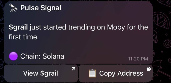 The image shows a message from someone named "Moby Signals Bot" who has sent a message to another user, asking them to copy an address. The message includes a link that says "view $grail just started trending on Moby for the first time".