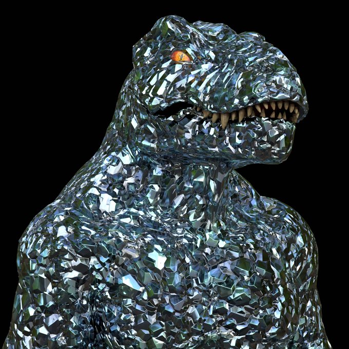 A digital artwork of a Godzilla-like creature rendered entirely in shattered, crystalline glass texture with sharp, reflective facets and an amber/orange glowing eye, set against a black background.