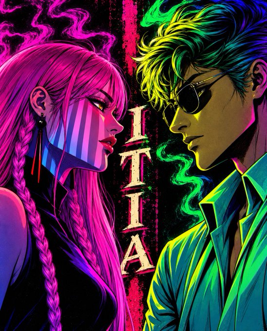 A vibrant neon-colored digital illustration showing a pink-haired girl with braids facing a green-haired boy wearing sunglasses, with the letters 'T', 'T', 'I', 'A' arranged vertically between them against a dark, colorful background.