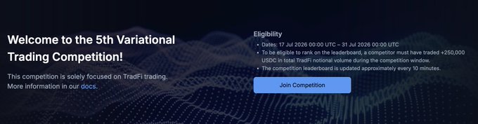A webpage announces the 5th Variational Trading Competition focused on TradFi trading, with eligibility dates from 17 Jul 2026 to 31 Jul 2026 and a minimum trading volume of 250,000 USDT.