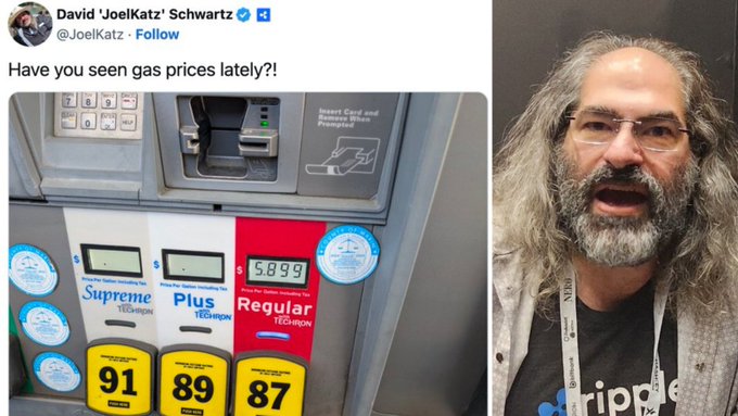 A tweet from David "JoelKatz" Schwartz (@JoelKatz) reads "Have you seen gas prices lately?!" alongside a photo of a gas pump displaying the price $5.89 for regular 87 octane fuel, and a selfie of Schwartz with long gray hair and a beard. The image visually reinforces the post's claim by showing $5.89 on the pump, mirroring the "legendary $589" XRP number referenced in the caption.