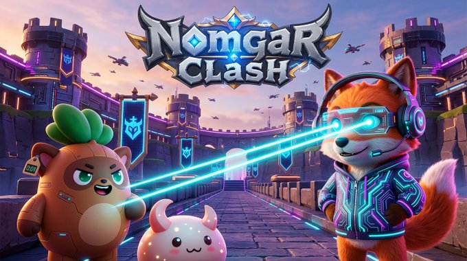 Promotional artwork for the mobile game 'NomgaR CLASH' features animated animal characters including a fox with glowing visor, a bear, and a small creature in a fantasy castle setting.