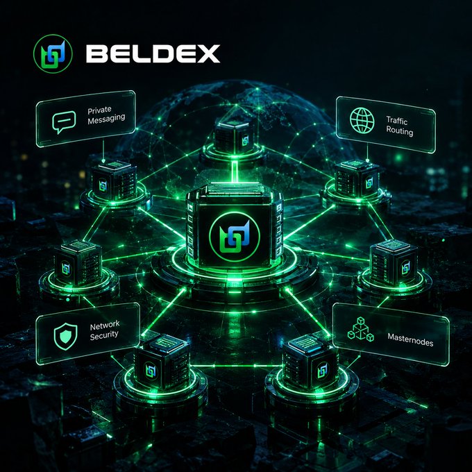 The image showcases the Beldex (BDX) network architecture, highlighting its privacy-focused infrastructure with interconnected masternodes supporting services like Private Messaging, Traffic Routing, Network Security, and Masternodes. It visually reinforces the post's point by illustrating how Beldex's masternodes go beyond consensus to power underlying privacy infrastructure rather than just user-facing apps.