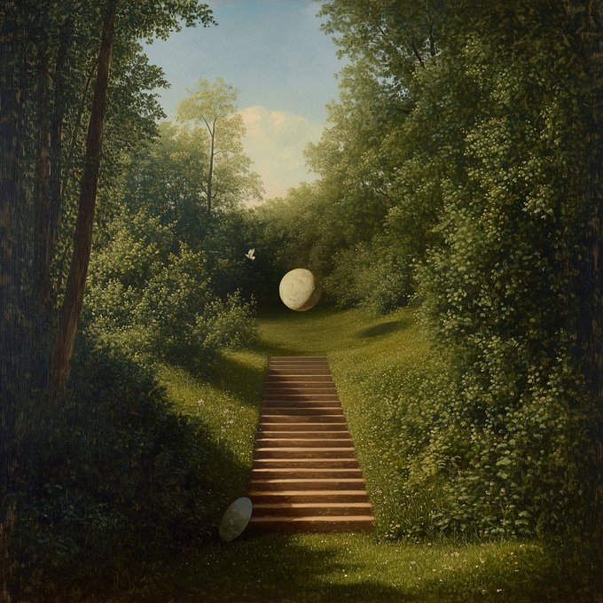 A surreal forest painting depicting a stone staircase leading up a grassy hill toward a floating egg, with a small bird in flight, framed by lush green trees.