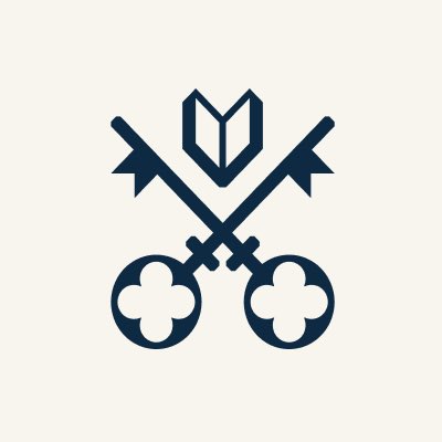 Minimalist dark blue emblem on a cream background featuring two crossed swords beneath a geometric crown-like symbol.