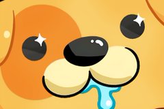A close-up of a cartoon dog with big glossy eyes, a black nose, and drool dripping from its mouth.