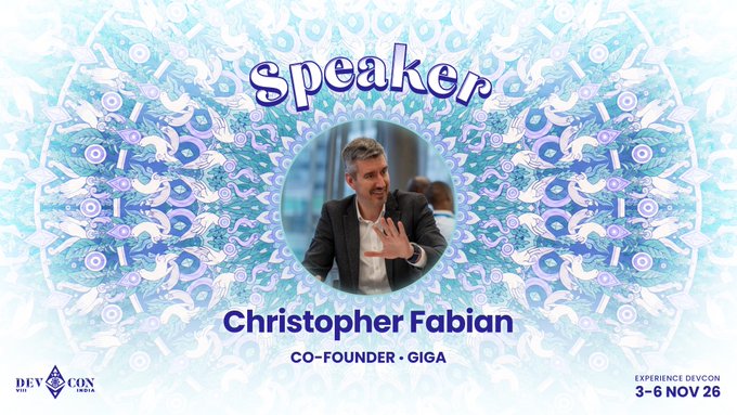 A speaker announcement graphic for "Christopher Fabian, CO-FOUNDER • GIGA" at "DEVCON" with "EXPERIENCE DEVCON 3-6 NOV 26" text on a blue patterned background.