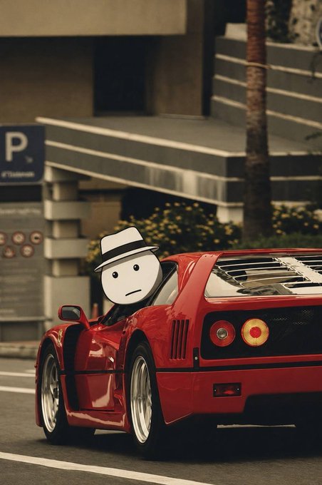 A red Ferrari F40 is parked in an urban lot, its windshield replaced with a cartoon face wearing a fedora and sporting a flat, unamused expression. A "P" parking sign is visible in the background, while the accompanying text mocks a token's listing announcement with indifference.