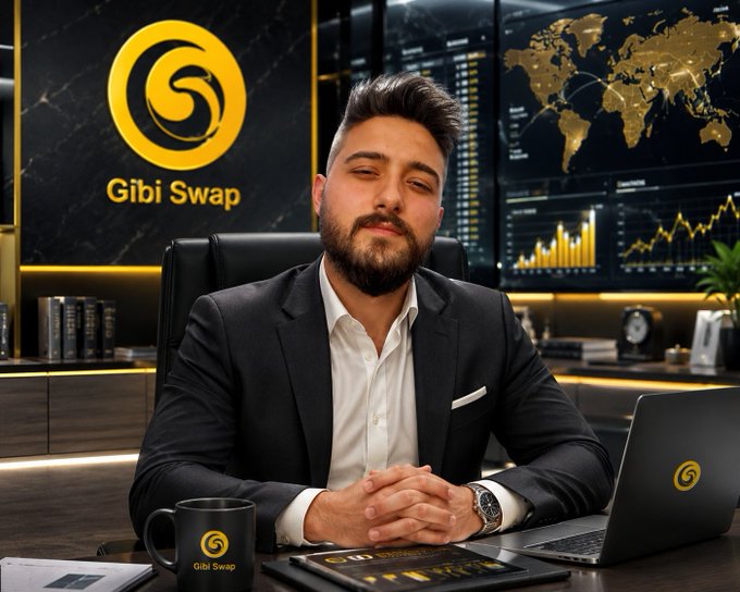 A professional portrait of a bearded man in a suit sitting at a desk with a 'Gibi Swap' branded mug and laptop, with the company logo and a world map displayed on screens behind him.