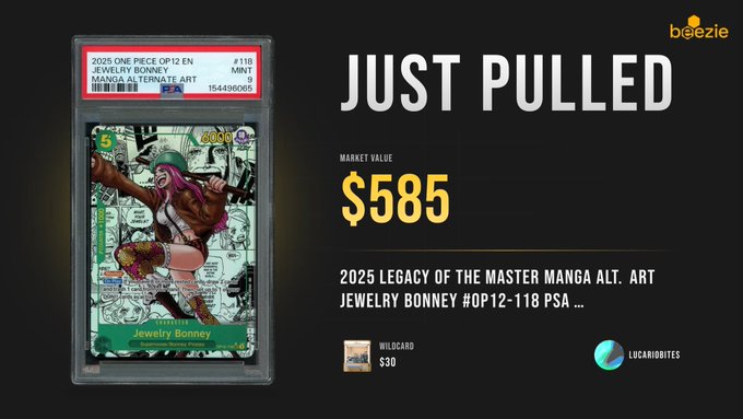 A sports trading card listing showing a PSA 9 '2025 ONE PIECE OP12 EN JEWELRY BONNEY MANGA ALTERNATE ART' card with a market value of $585 from beezie.