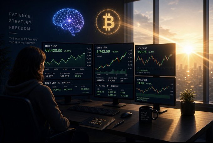 A digital illustration of a person sitting at a desk with multiple monitors displaying cryptocurrency market data for BTC/USD, ETH/USD, SOL/USD, BTC/USD, and LINK/USD, with text reading 'PATIENCE. STRATEGY. FREEDOM.' and a Bitcoin logo on the wall.