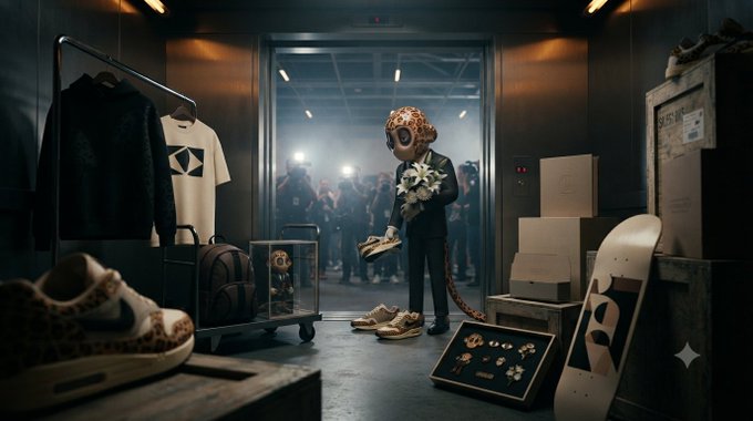 A surreal scene shows a figure wearing a tiger mask and a flower garland holding shoes in a storage area, framed by clothing racks, stacked boxes, a sneaker, and a skateboard, with a crowd visible through a doorway behind them.