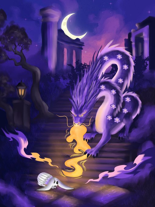 A digital illustration depicts a majestic purple dragon with white floral patterns exhaling a stream of golden fire toward a small white spirit, set against a nighttime backdrop of classical ruins and a crescent moon.