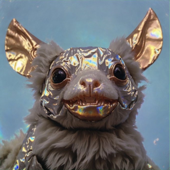 A close-up digital art rendering of a furry creature with large dark eyes wearing a shiny metallic mask and ears.