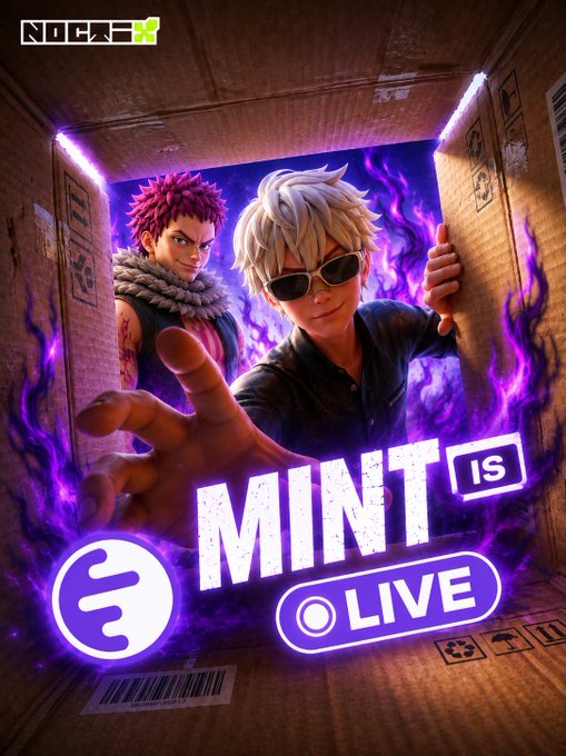 A vibrant promotional graphic announces "MINT IS LIVE" in bold white lettering over a purple and black background, featuring two anime-style characters with white and red hair emerging from a cardboard box surrounded by purple flames. The image includes the NOCTX logo in the top left corner and a "LIVE" badge, visually emphasizing the NFT mint announcement for the Ink On Chain collection.