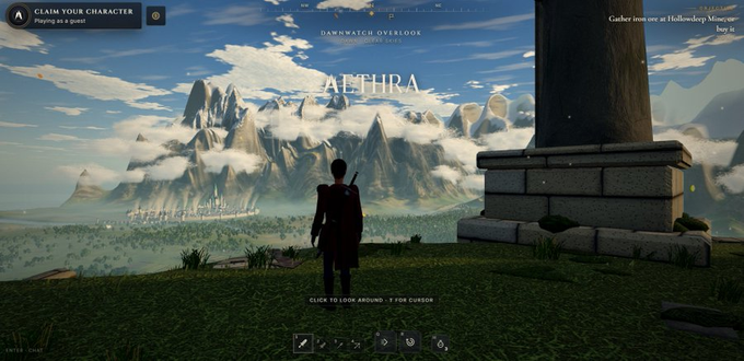 The image shows a character selection screen for "AETHRA," a browser MMORPG, with a "CLAIM YOUR CHARACTER" prompt and a scenic mountain landscape overlooking a valley with the location label "ALTHIRA" displayed prominently. This visually supports the post's announcement that the game's gates have opened, inviting players to explore the world as part of the pump.fun coin launch.