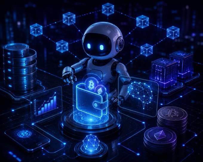 A futuristic digital illustration of a small white robot interacting with a holographic cryptocurrency wallet, surrounded by floating Bitcoin and Ethereum coins, blockchain cubes, and data charts.