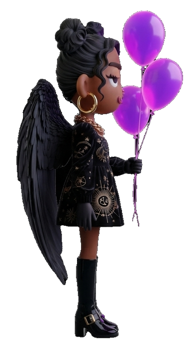 A 3D-rendered character with black wings, gold hoop earrings, and an astrology-patterned outfit, holding purple balloons.