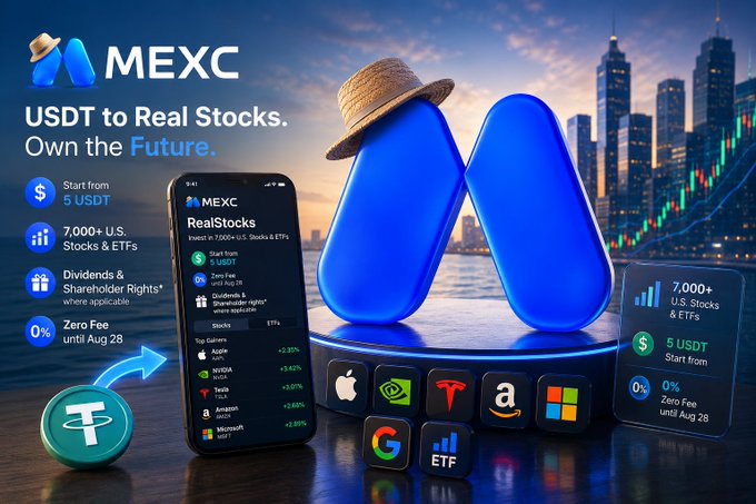 A MEXC advertisement promoting 'USDT to Real Stocks' featuring their RealStocks product, showing a mobile app interface with stocks like Apple, NVIDIA, Tesla, and Amazon available starting from 5 USDT with 0% fees until August 28.