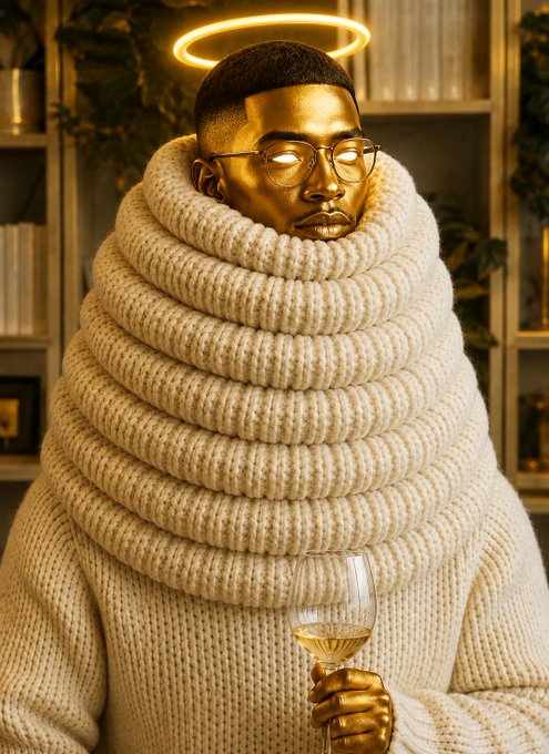 A man wearing a halo, glasses, and an oversized cream-colored chunky knit sweater that envelops him holds a glass of white wine.