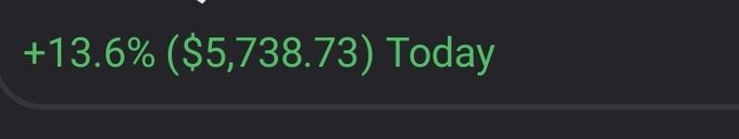 A screenshot showing a portfolio increase of +13.6% ($5,738.73) for the day on the Zerion platform, illustrating the user's excitement about their strong daily gains as mentioned in the post.