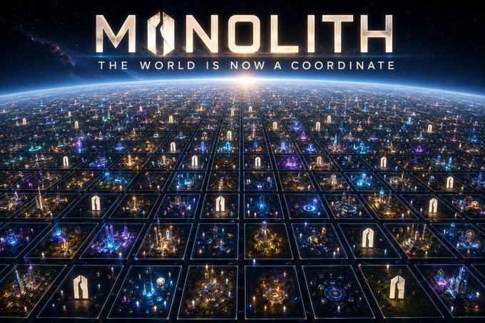 Promotional artwork displays the text 'MONOLITH - THE WORLD IS NOW A COORDINATE' above a grid of illuminated city tiles viewed from above the Earth.