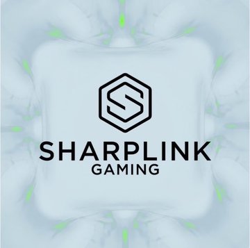 The image displays the SharpLink Gaming logo, featuring a hexagonal emblem with an "S" inside, alongside the company name "SHARPLINK GAMING" in black text on a light background with subtle green and blue accents. This logo accompanies news of SharpLink reporting a $321 million unrealized loss on its Ethereum holdings in Q2.