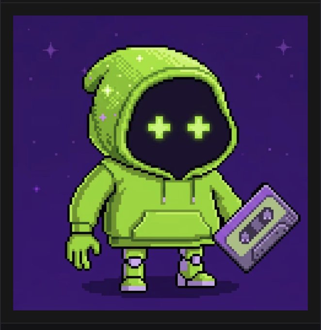 A pixel art illustration of a green-hooded character with glowing plus-sign eyes holding a purple cassette tape against a starry purple background.