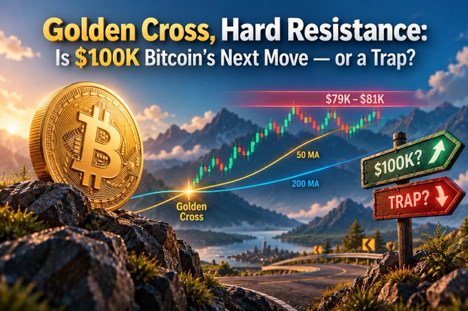 A graphic titled 'Golden Cross, Hard Resistance: Is $100K Bitcoin's Next Move — or a Trap?' showing a Bitcoin coin, a candlestick chart with 50 MA and 200 MA lines, and signs pointing to '$100K?' and 'TRAP?'.