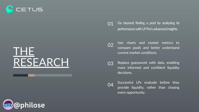 A Cetus presentation slide titled 'THE RESEARCH' listing four points about analyzing liquidity pool performance and making informed liquidity decisions, credited to @philose.
