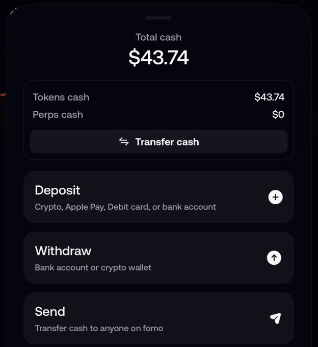 A mobile app interface screenshot showing a total cash balance of $43.74, with options for Transfer cash, Deposit, Withdraw, and Send, with the deposit options including 'Crypto, Apple Pay, Debit card, or bank account'.