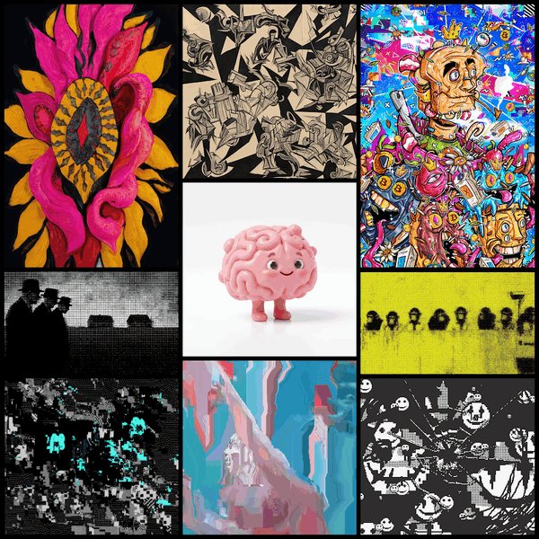 In this image, there are a dozen different art pieces displayed across six columns of three pictures each. The artwork in these photos includes an image featuring a pink brain with googly eyes that makes one smile. This brain-themed illustration appears to be a part of several other projects or pieces of art that have been captured by the @nuclearsamurai mints and @verse_works.
The price of the collection is currently around 0.01 ETH, but it may decrease as more buyers are interested in purchasing the collection. The largest volume sold out at 0.02 ETH signifies its popularity among collectors who want to own a piece from this unique and diverse artwork collection.