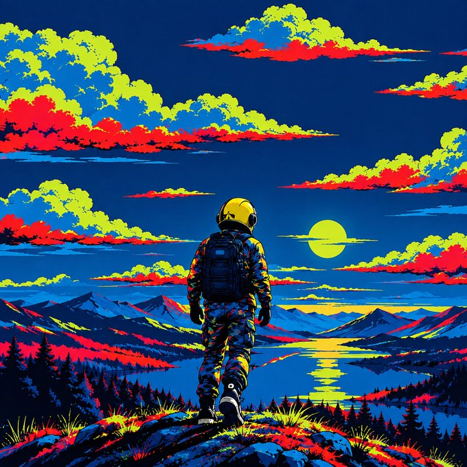 A vibrant pop-art style illustration of an astronaut with a yellow helmet walking toward a bright sun setting behind stylized blue, red, and yellow mountains.