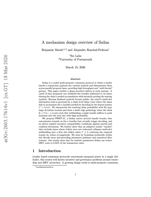 The image shows the title page of an academic paper titled "A mechanism design overview of Sedna" by Benjamin Marsh and Alejandro Ranchal-Pedrosa from Sei Labs and the University of Portsmouth, dated March 19, 2026. The paper introduces Sedna as a "coded multi-proposer consensus protocol" and proposes "PIVOT-K," a Sei-native pivot protocol aimed at addressing incentive and governance problems in blockchain transaction processing. It directly relates to the post by presenting a mechanism design approach to mempool privacy, arguing that Sedna's design makes honest transaction inclusion more profitable for proposers than any withholding attack, thereby solving the incentive problem behind mempool manipulation.