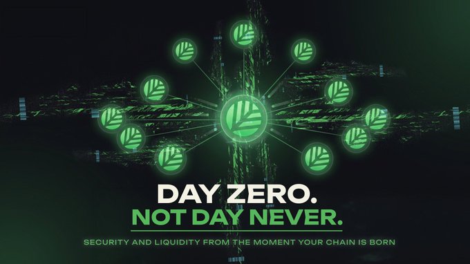 A digital graphic displays a network of green leaf-like icons with text reading 'DAY ZERO. NOT DAY NEVER.' and 'SECURITY AND LIQUIDITY FROM THE MOMENT YOUR CHAIN IS BORN'.
