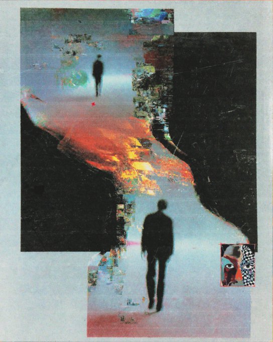 An abstract digital collage artwork featuring two silhouetted figures, with glitch effects and a small checkered flag image in the corner.