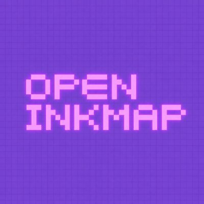 A pixel-art graphic with pink text reading 'OPEN INKMAP' on a purple grid background.