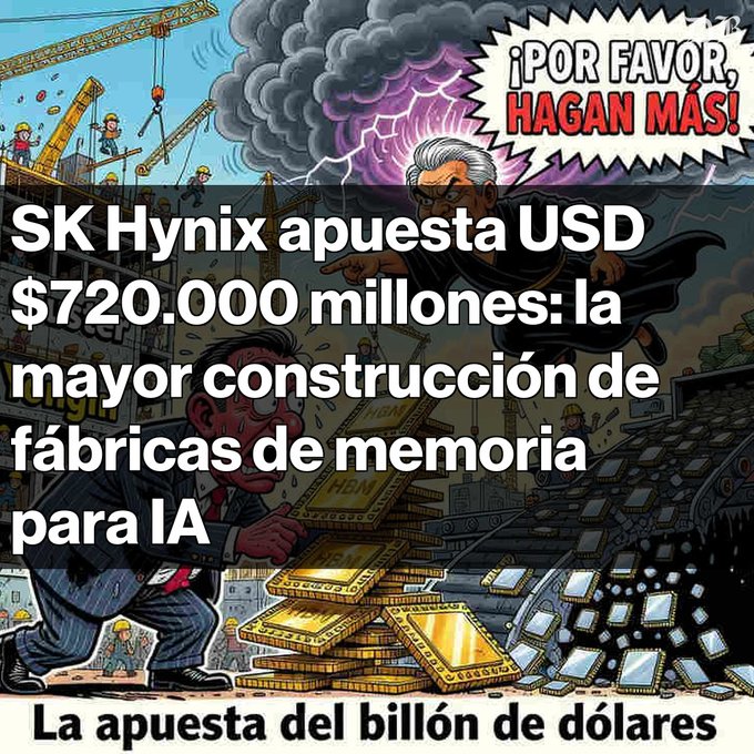 A Spanish-language news graphic titled '$K Hynix apuesta USD $720.000 millones: la mayor construcción de fábricas de memoria para IA' and 'La apuesta del billón de dólares,' depicting a cartoon illustration of a businessman surrounded by gold bars and chip factories with the text '¡POR FAVOR, HAGAN MÁS!'.