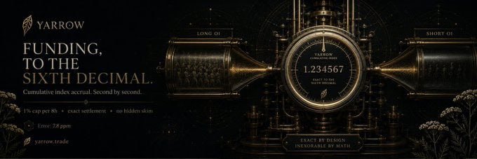 A vintage-style promotional graphic for "$YARROW" featuring an ornate gold mechanical clock/timepiece design with the headline "FUNDING, TO THE SIXTH DECIMAL" and "Cumulative index accrual. Second by second." It displays the cumulative funding index "1.234567" and notes "1% cap per 8h • exact settlement • no hidden skew" alongside "Error: 7.8 ppm" and "yarrow.trade," visually reinforcing the post's message by symbolizing precise, continuous, code-driven market mechanics replacing the old clockwork of permission-based trading.